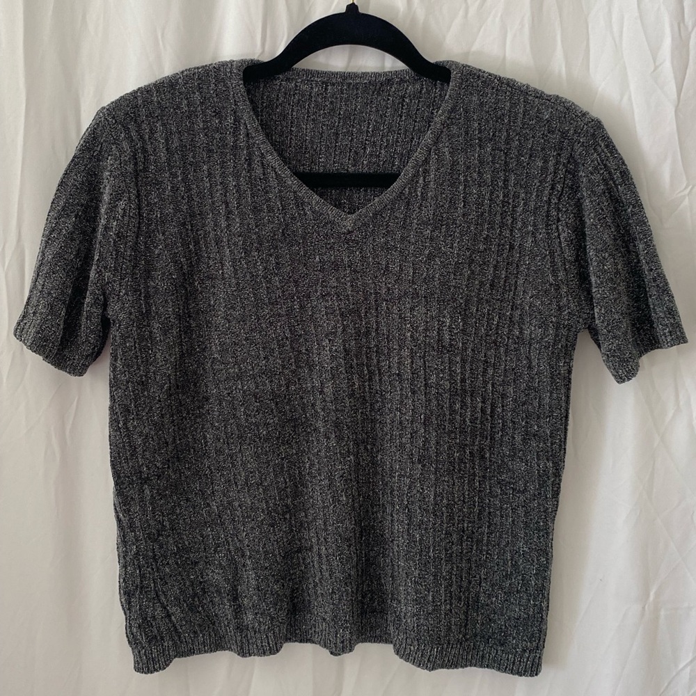 Vintage Women’s Speckled Charcoal Short-Sleeve Stretchy Sweater No Size-fits S/M